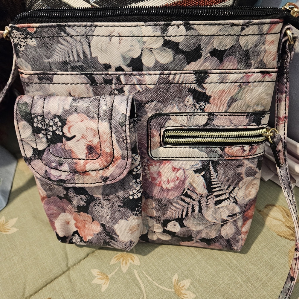 Pink and Black Floral Crossbody Bag with Artistic Print